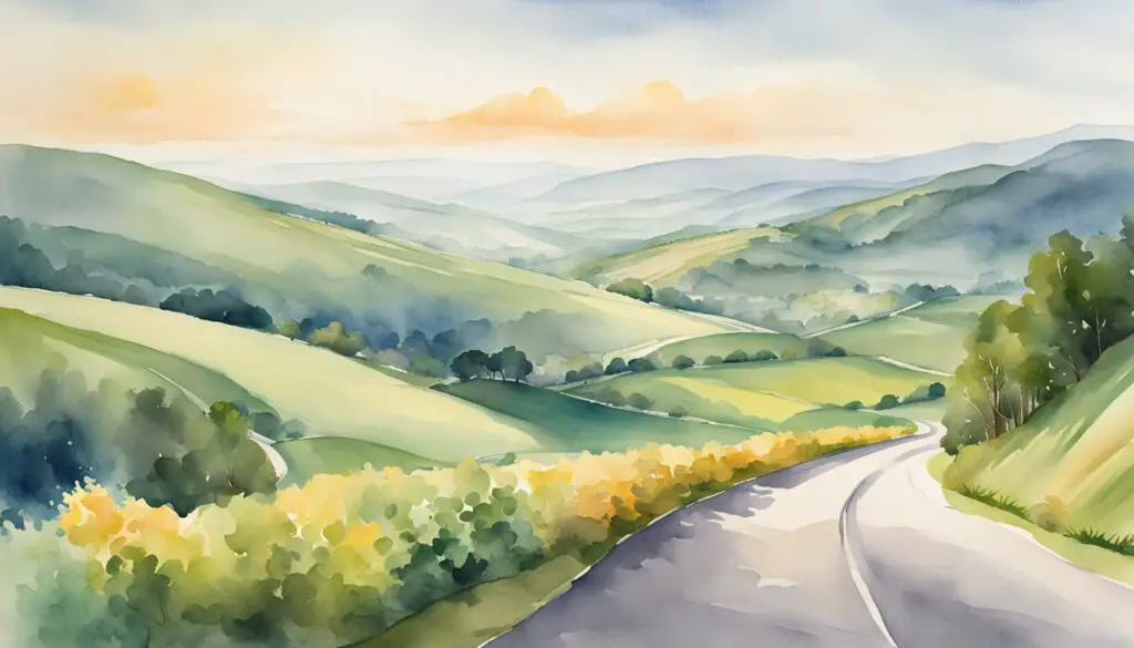 A long, winding road stretches through a picturesque landscape, with vibrant greenery and rolling hills in the distance