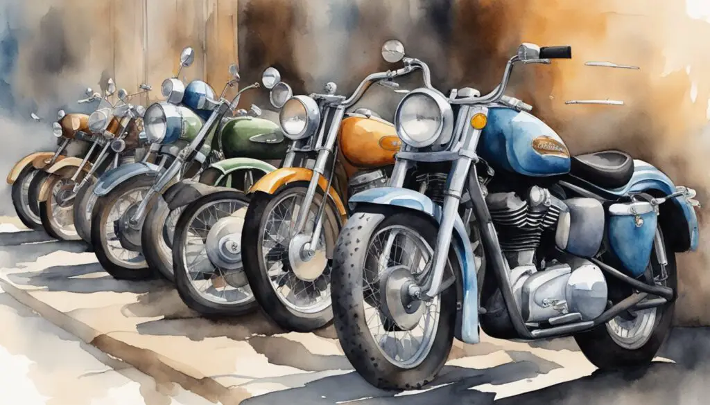 A row of vintage Sportster motorcycles, some gleaming with potential, others rusted and neglected, symbolizing the best and worst years for the iconic bike