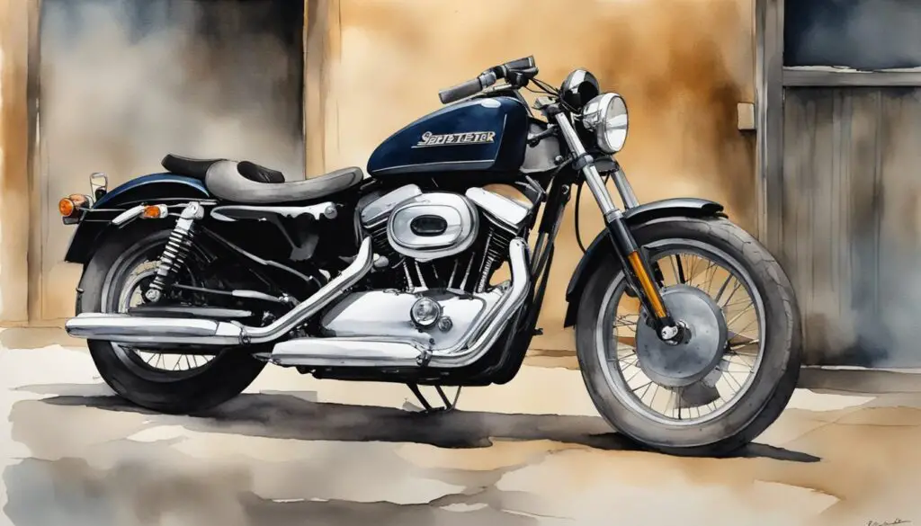 The Sportster sits in a dimly lit garage, its worn and weathered frame telling the story of years of use and neglect. Rust and faded paint add to its character, while the potential for restoration lingers in the air