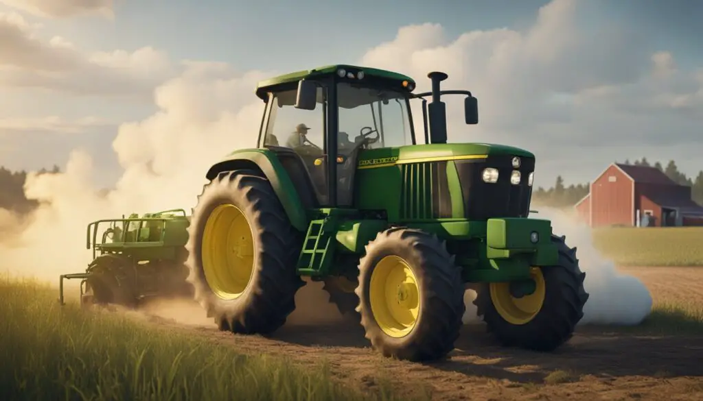 The John Deere 3032E tractor sits idle, smoke billowing from the engine. A frustrated farmer stands nearby, trying to start the machine without success