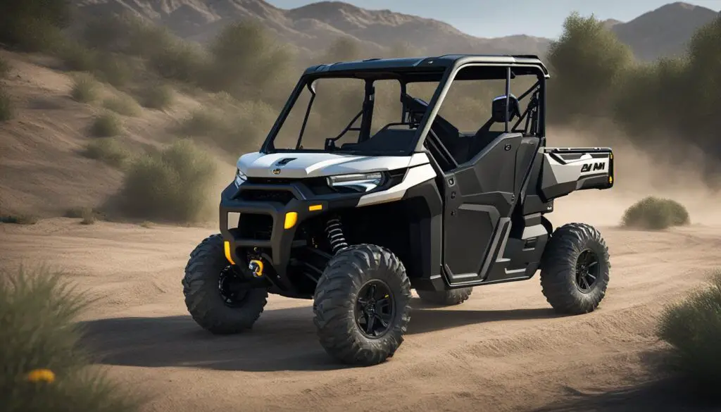 A Can-Am Defender UTV parked on a dirt trail, with a visible oil leak underneath the vehicle. Various accessories such as winches, lights, and storage containers are attached to the UTV