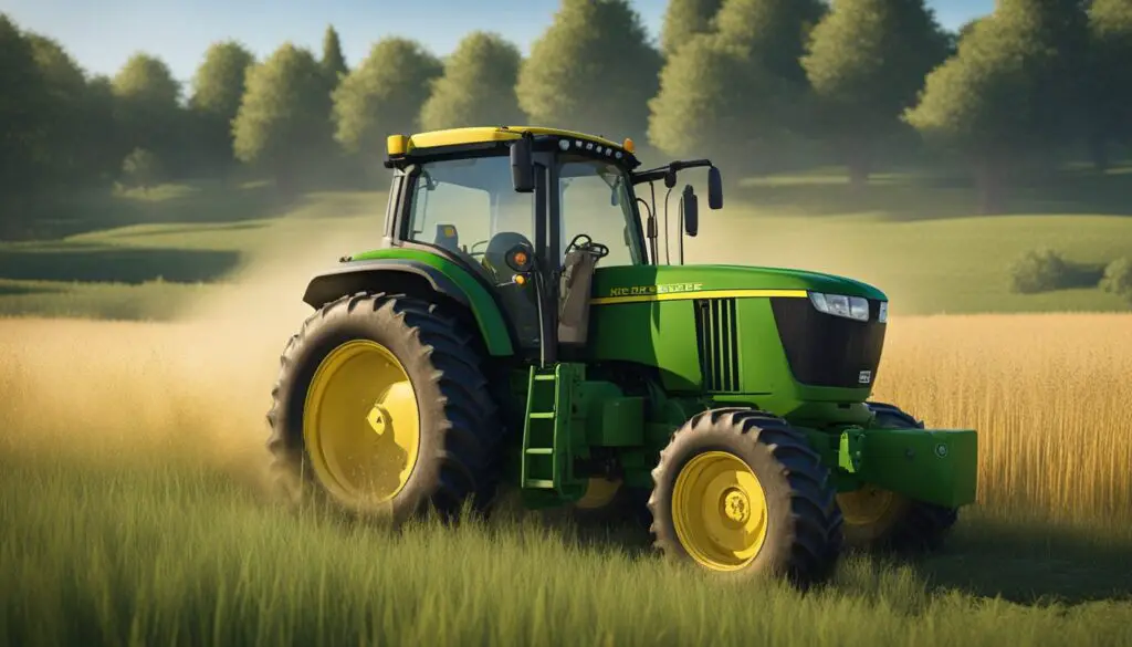 The John Deere 3032E tractor sits idle in a field, surrounded by tall grass and under a clear blue sky