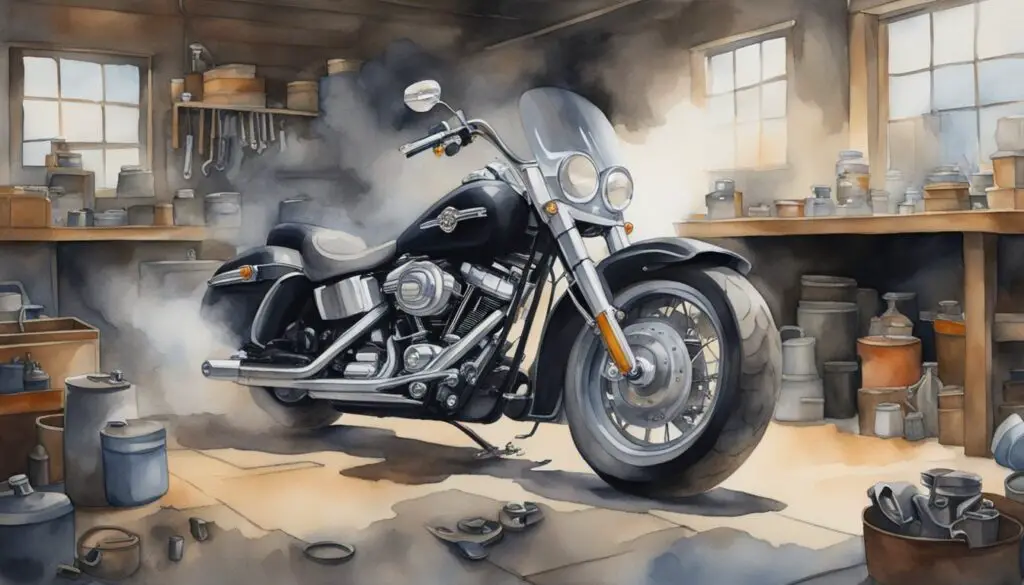 A Harley Davidson motorcycle sits in a garage, surrounded by tools and parts. Smoke billows from the exhaust as the engine sputters, indicating maintenance issues