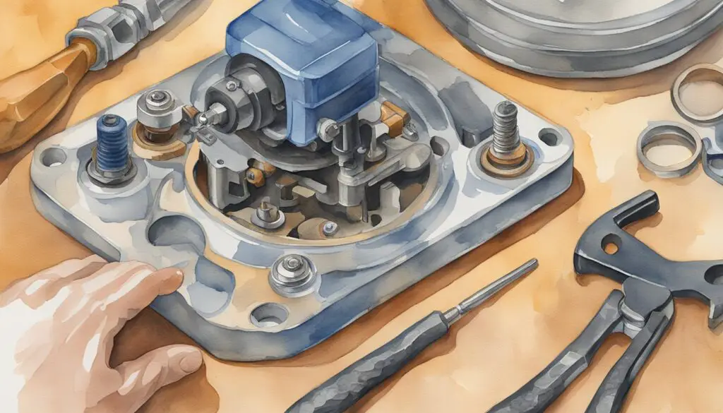 A hand reaching for a damaged Harley ignition switch, surrounded by tools and a step-by-step repair guide