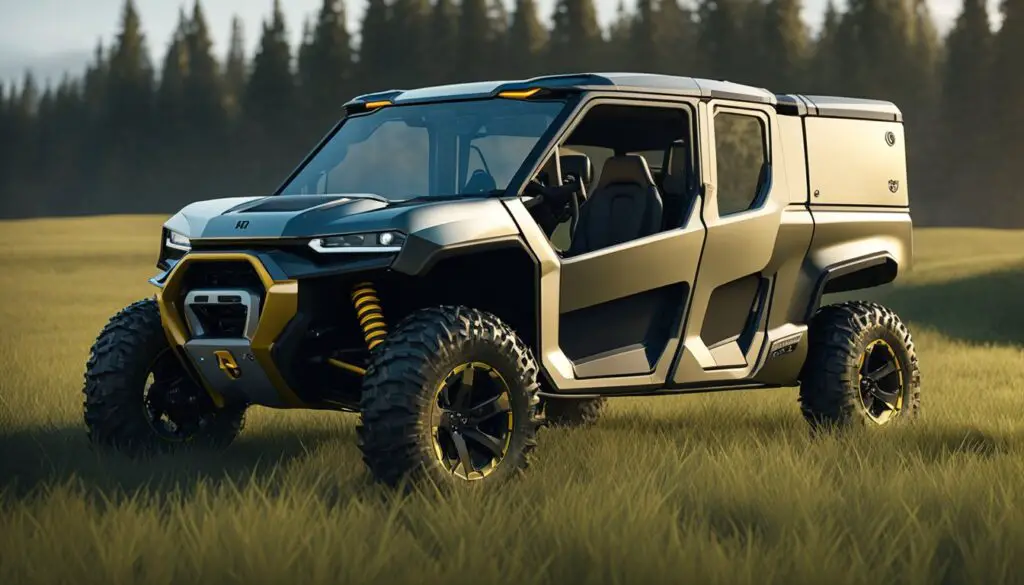 The Can-Am Defender sits idle in a grassy field, its wheels locked in turf mode, unable to move forward