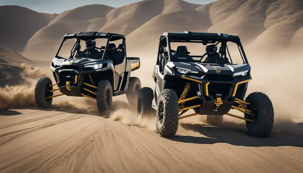 The Can-Am Defender and Can-Am Commander race side by side through the rugged terrain, kicking up dust and leaving a trail of excitement in their wake