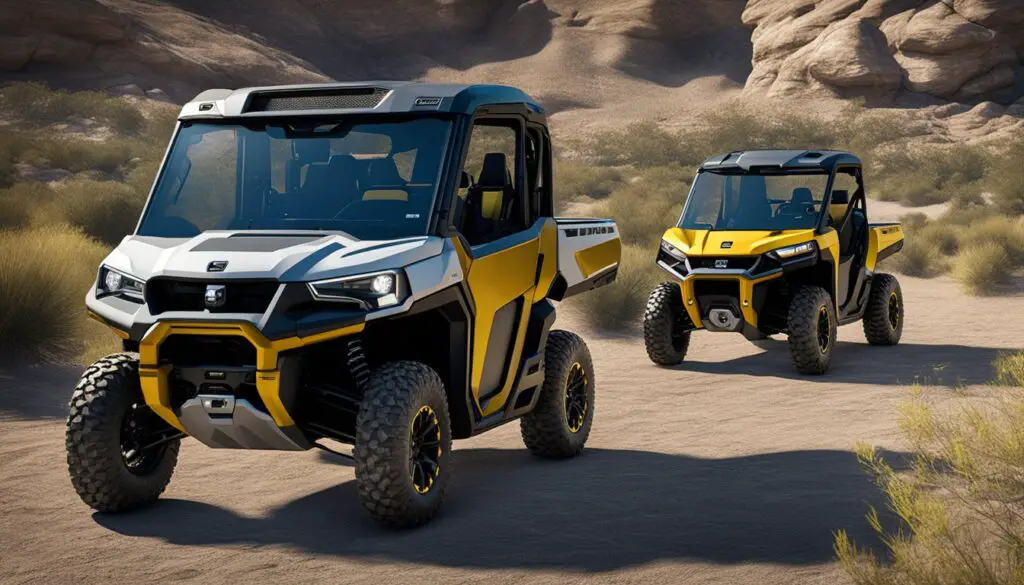 A Can-Am Defender and Can-Am Commander face off in a rugged outdoor setting, showcasing their distinct design and capabilities