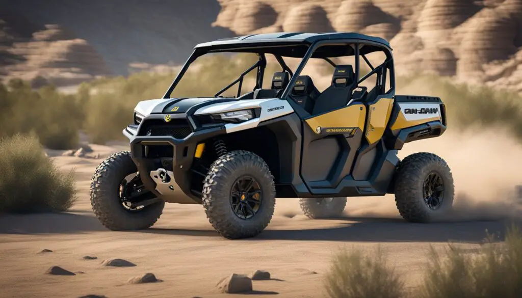 Two off-road vehicles side by side, labeled "Can-Am Defender" and "Can-Am Commander," with technical specifications listed below each