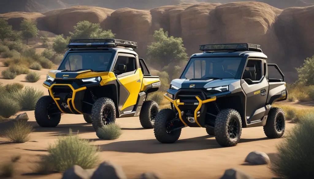 Two off-road vehicles side by side, labeled "Can-Am Defender" and "Can-Am Commander." A chart showing price and value analysis displayed between them