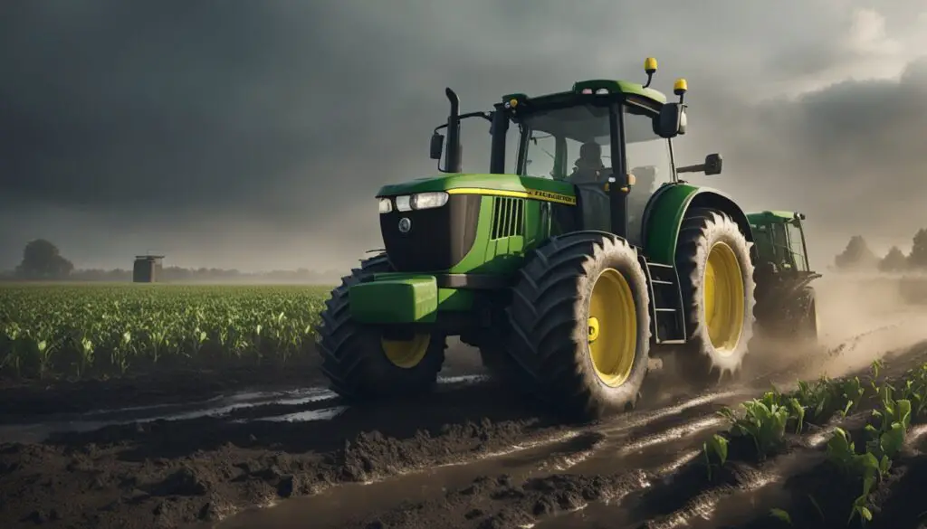 The John Deere 5055E tractor sits idle in a muddy field, smoke billowing from its engine. The farmer scratches his head in frustration