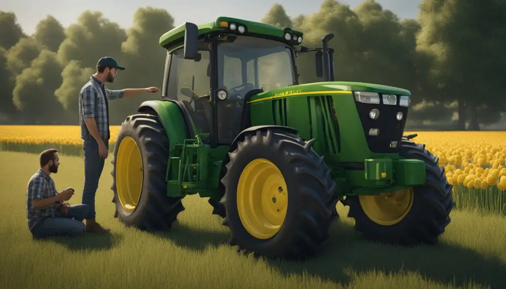 The John Deere 5055E tractor sits idle in a field, surrounded by tools and spare parts. A mechanic examines the engine, while a farmer looks on with concern