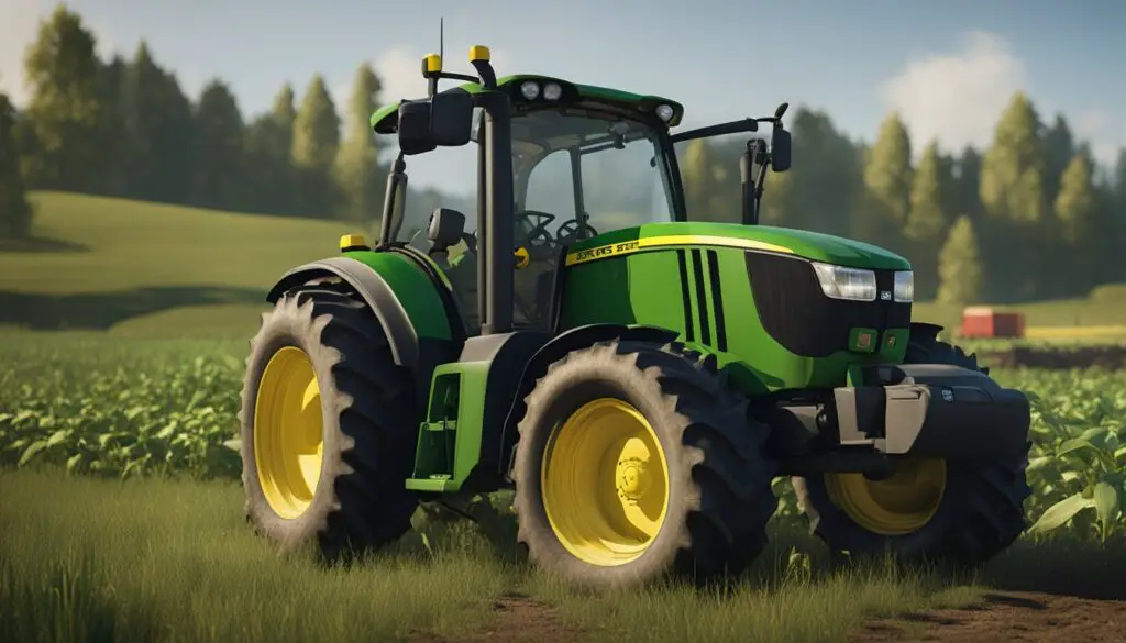 The John Deere 5055E tractor is parked in a field with diagnostic tools and resources scattered around it. The tractor shows signs of mechanical problems