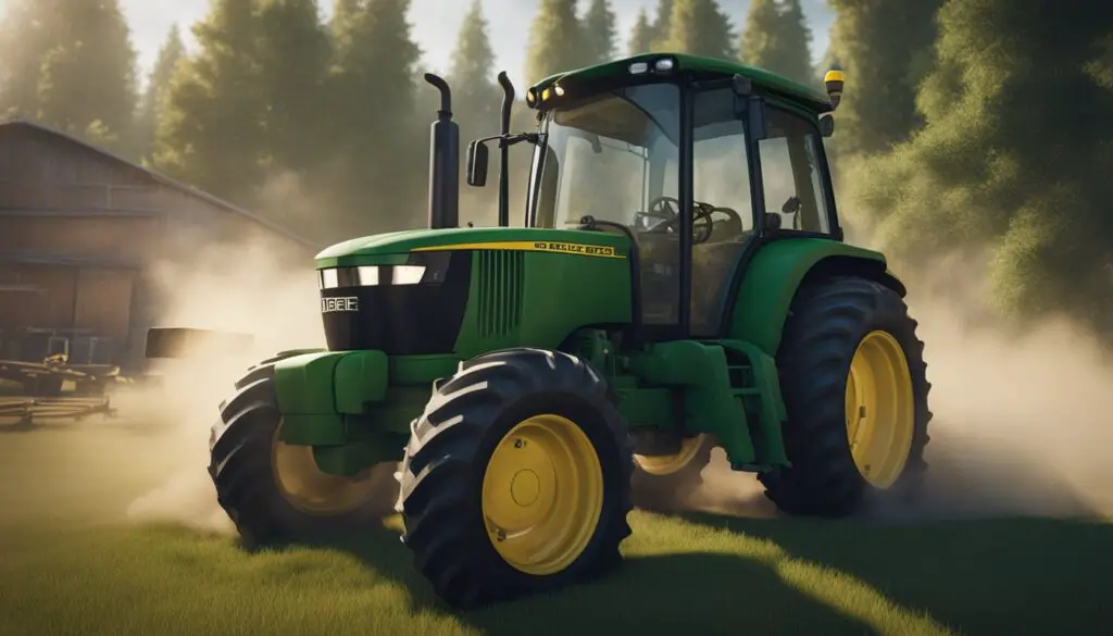 The John Deere 5055E tractor sits idle with smoke billowing from the engine. A pool of oil forms beneath the machine as a broken belt dangles from the pulley
