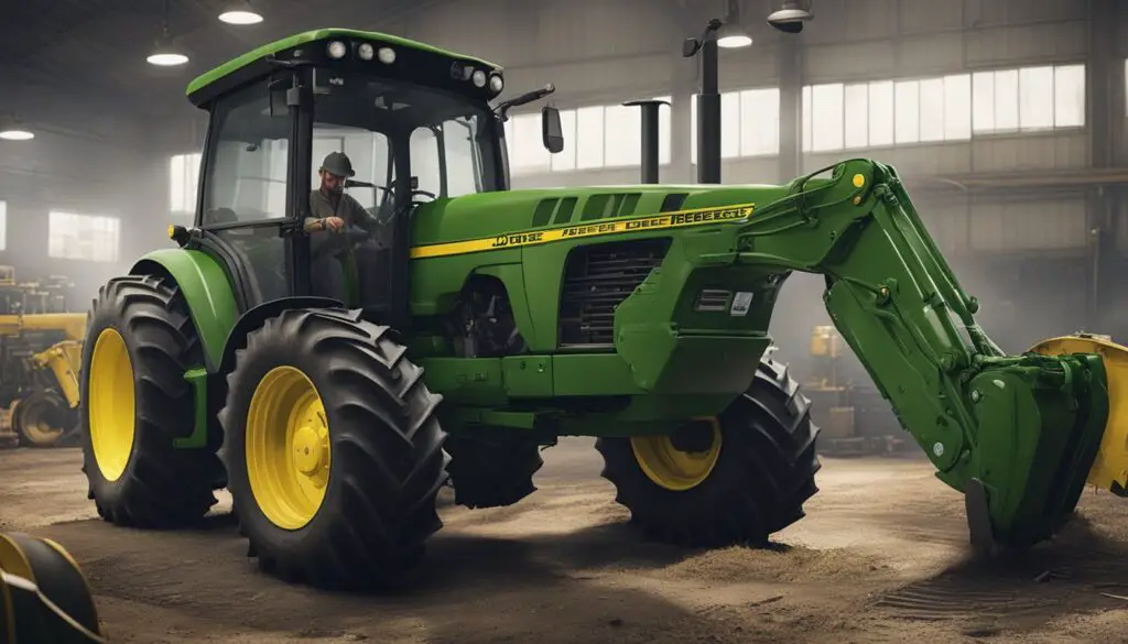 A John Deere 5055E tractor undergoes routine maintenance, with a mechanic inspecting the engine and replacing worn parts to improve its longevity