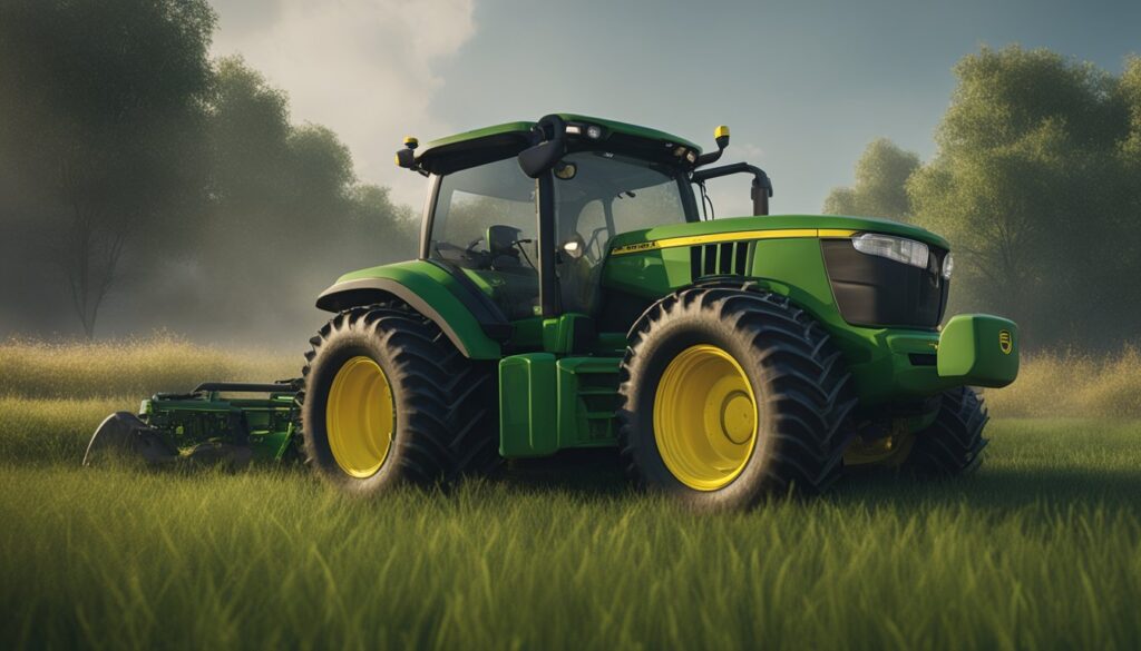 The John Deere X590 sits in a field, with smoke billowing from its engine. A puddle of oil forms beneath the mower, and the grass around it is overgrown and unkempt