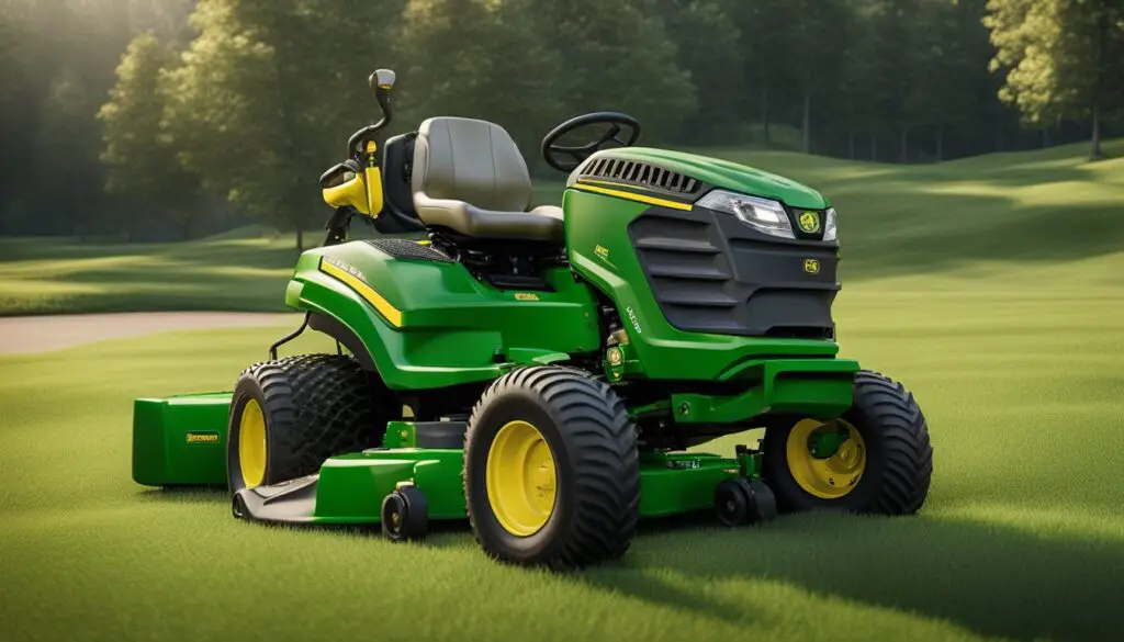 The John Deere x590 mower struggles to steer and shift gears, emitting a grinding sound. The transmission appears jammed, with visible wear and tear