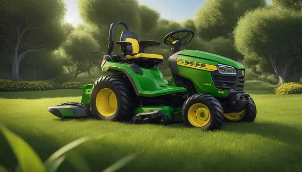 The John Deere x590 mower struggles to cut through thick, overgrown grass, leaving uneven patches and clumps of uncut grass behind