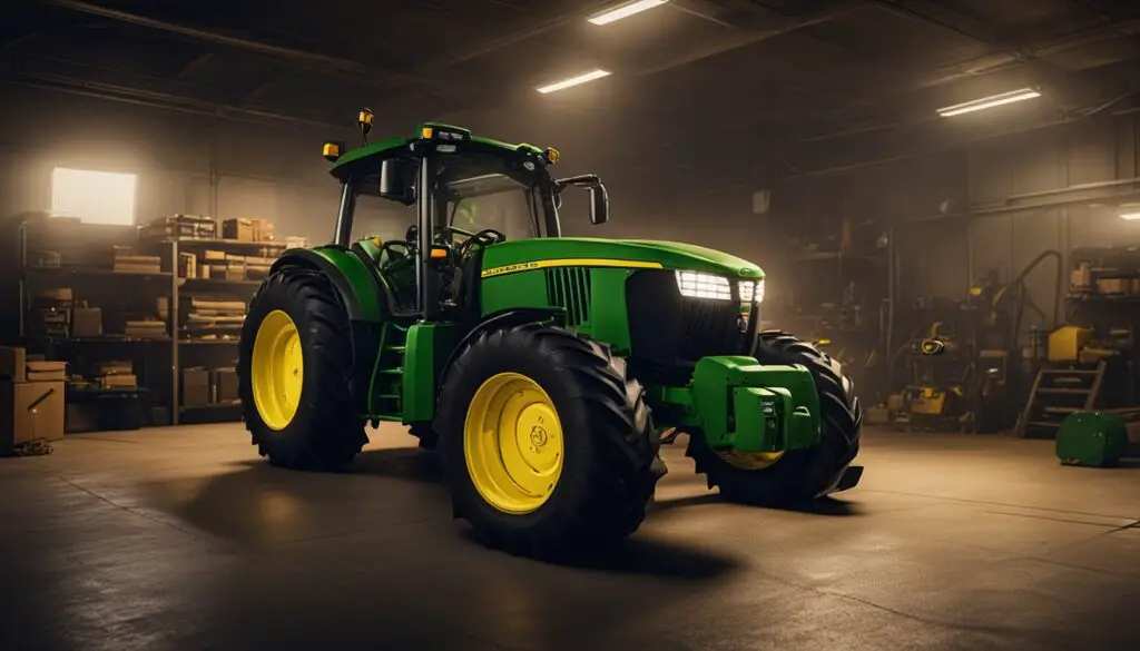 The John Deere x590 sits in a dimly lit garage, surrounded by flickering lights and sparking electrical panels