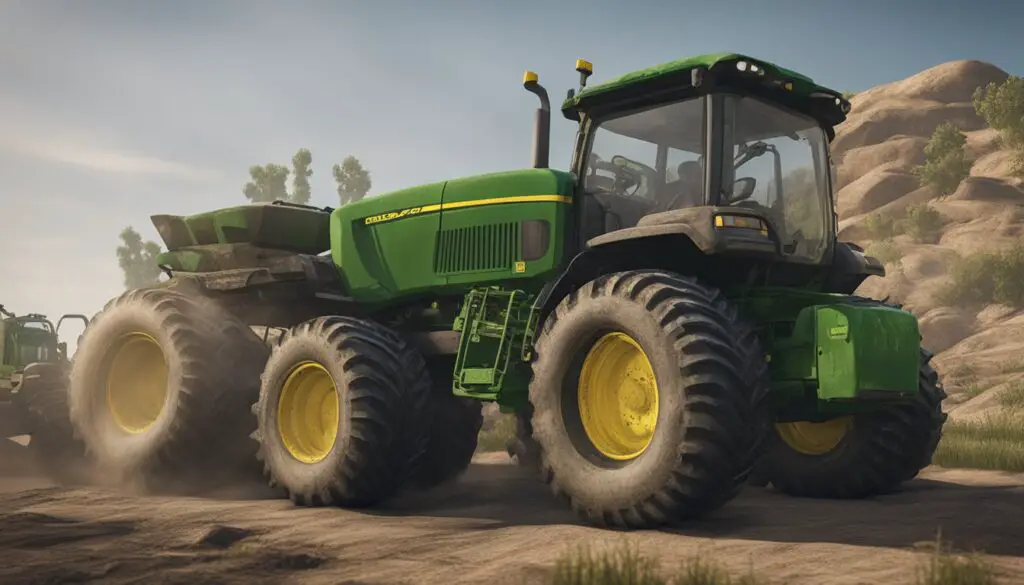The tires are flat, the wheels are rusty, and the chassis is covered in dirt and grease. The John Deere X590 is showing signs of wear and tear