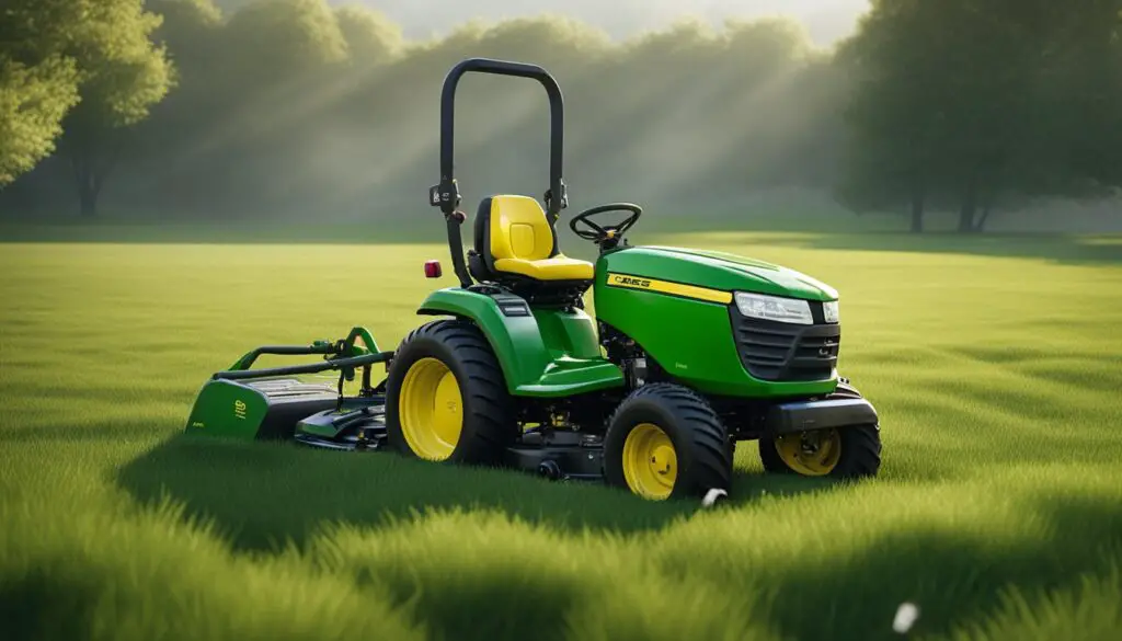 A John Deere S240 mower sits idly in a grassy yard, with smoke billowing from its engine and a puddle of oil forming underneath