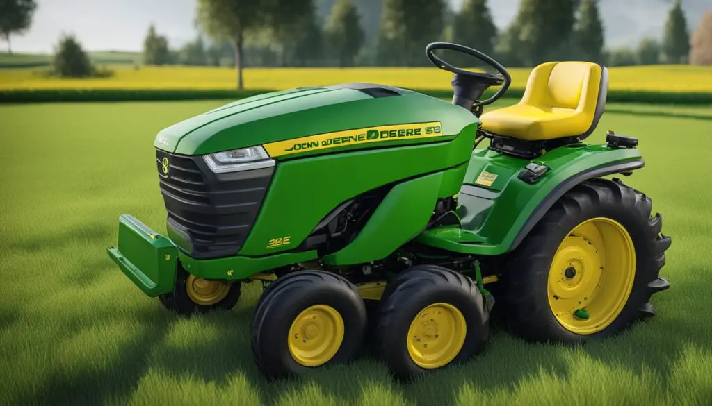 A John Deere S240 mower with visible transmission and drive belt issues, such as fraying or slipping, causing the machine to malfunction