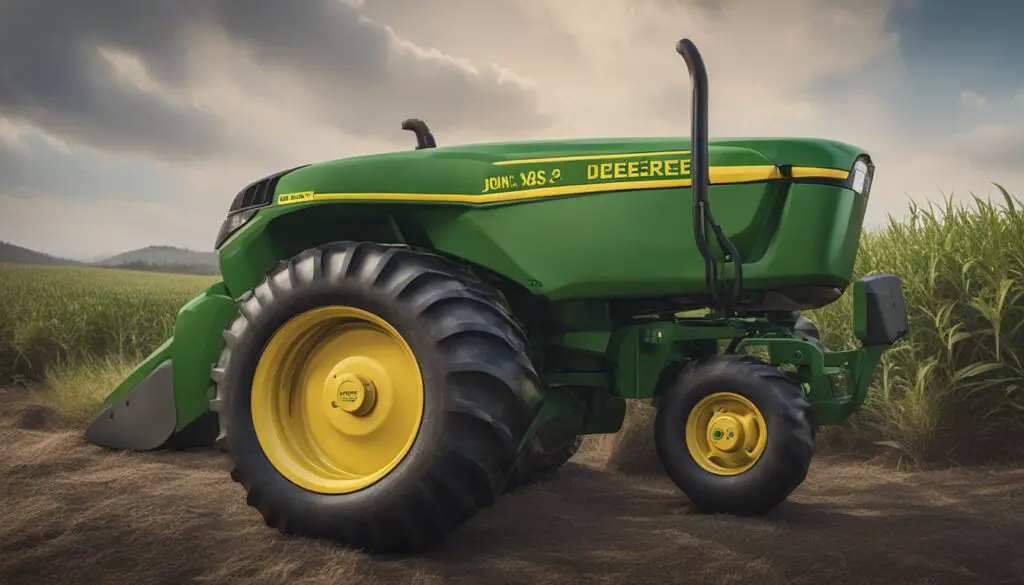 The tires of the John Deere S240 are visibly deflated, with a pressure gauge showing low readings