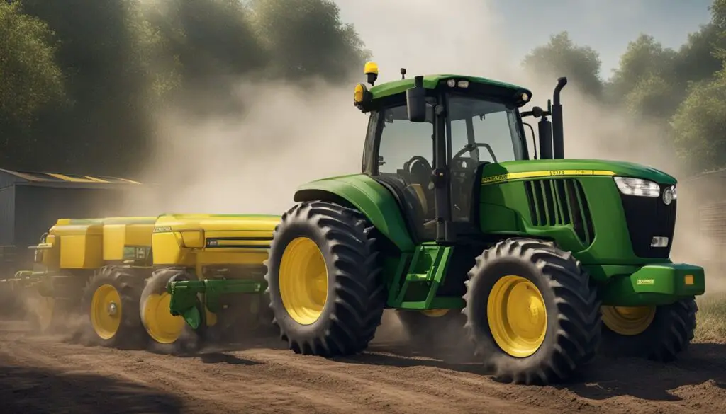 The John Deere 5065E tractor struggles with electrical and transmission issues, emitting smoke and displaying warning lights