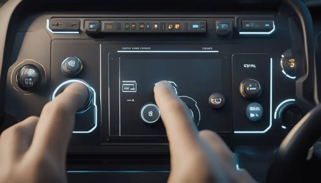 A hand reaching for a control panel with various buttons and switches, indicating a problem with the turf mode on a defender vehicle