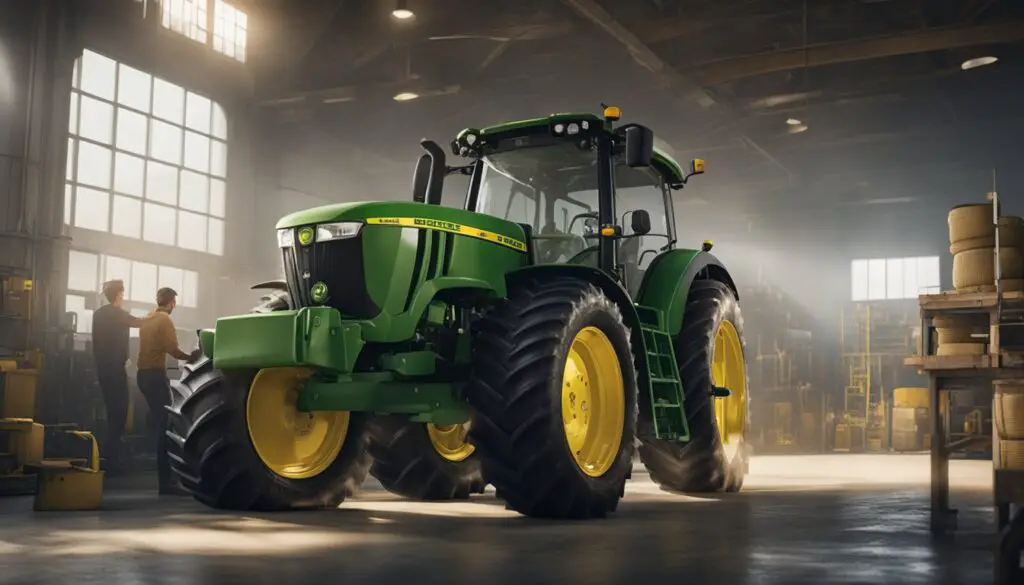 The John Deere 5065E tractor undergoes cooling and lubrication processes in a spacious, well-lit workshop. Oil and coolant fluids are being drained and refilled by a mechanic