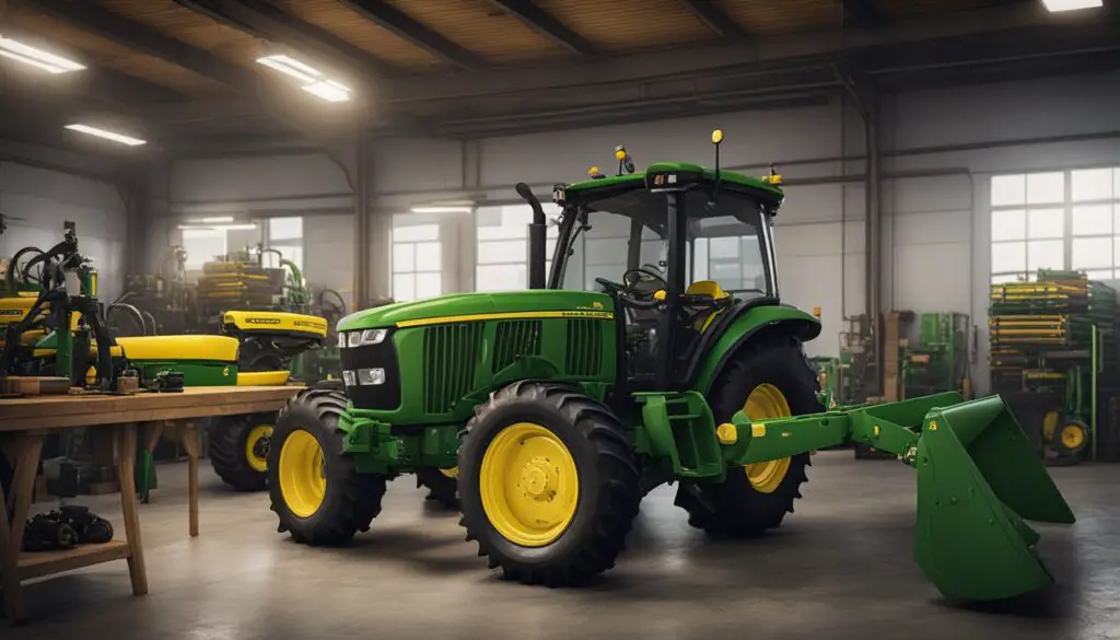 A John Deere 5065E tractor is being serviced and maintained by a technician in a well-lit workshop. Tools and equipment are neatly organized around the tractor