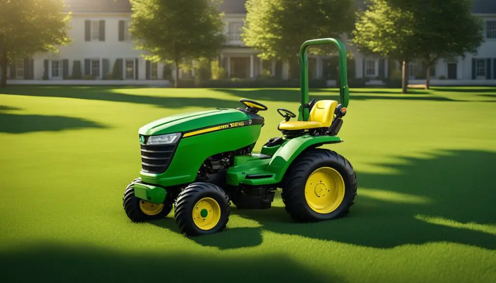 The John Deere S120 lawn tractor sits on a green, well-manicured lawn. The sun shines down, casting a shadow from the tractor's large, sturdy tires. The grass is neatly cut, and the tractor appears ready for use