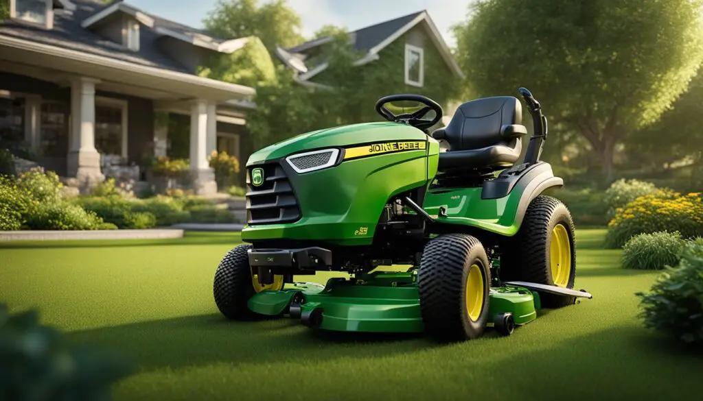 The John Deere S120 mower sits in a lush green yard, with various attachment and accessory options displayed nearby