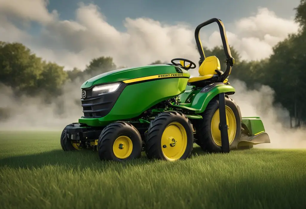 The John Deere Z515E sits idle, with smoke billowing from its engine. Oil leaks onto the ground, and the mower blades are stuck in the grass