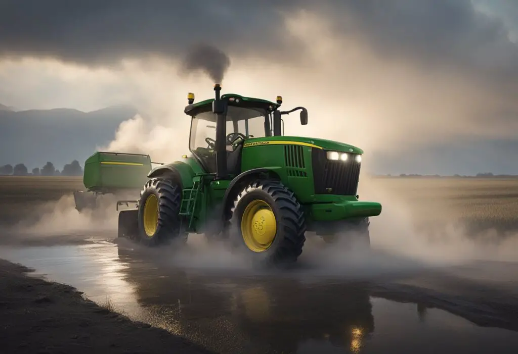 The John Deere X738 sits idle, surrounded by a cloud of smoke, with a puddle of oil forming beneath it