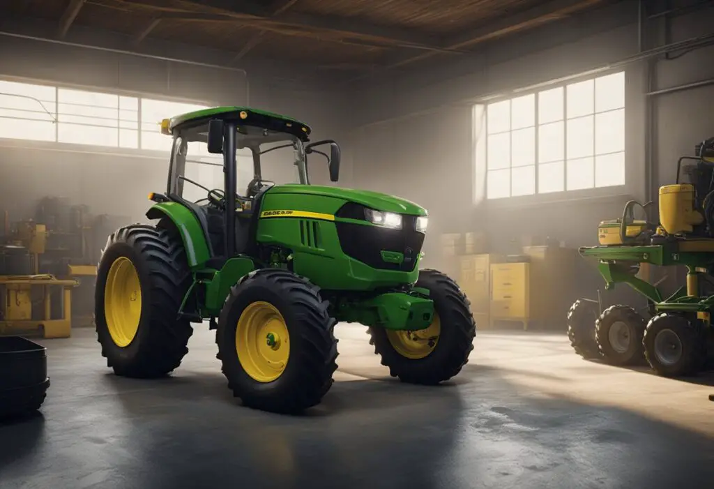 The John Deere x738 sits in a garage, with its transmission and drive train components exposed. Oil and grease stains are visible, and tools are scattered around the area