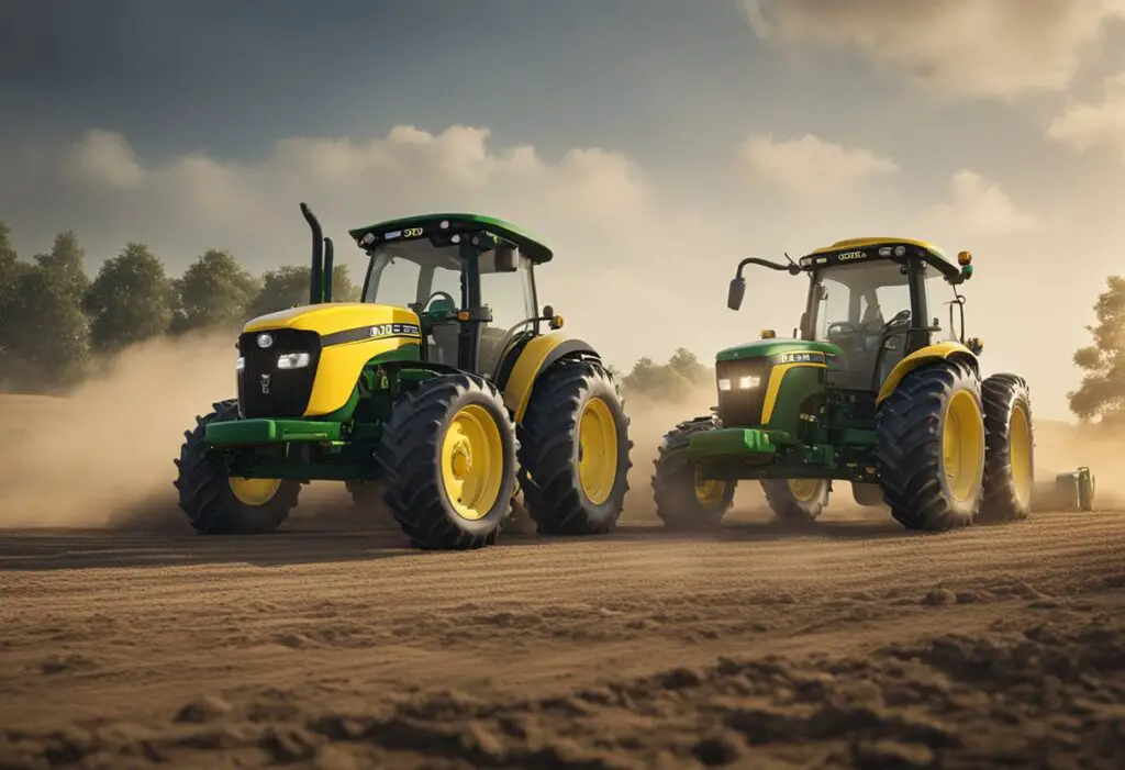 A Cub Cadet and John Deere tractors racing side by side in a field with dust flying behind them, showcasing their performance features