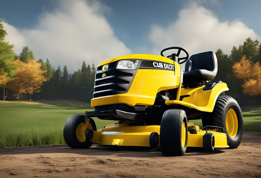 A Cub Cadet and John Deere mower sit side by side, with the Cub Cadet showing signs of wear and tear while the John Deere remains in pristine condition