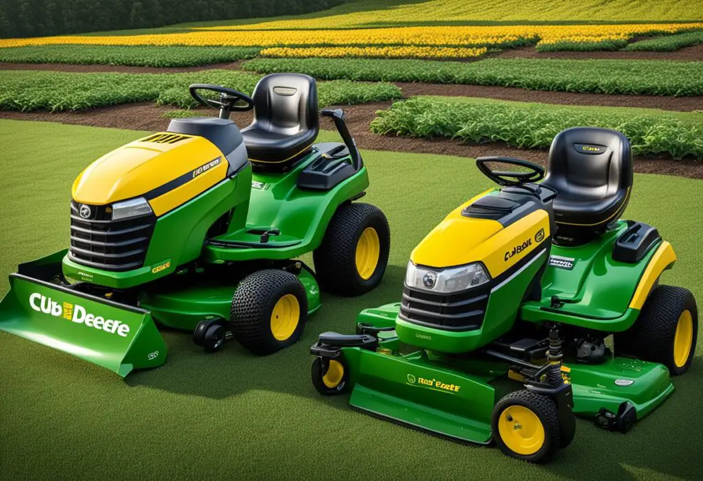 Two lawnmowers side by side, one labeled "Cub Cadet" and the other "John Deere." Both are surrounded by price tags and comparison charts