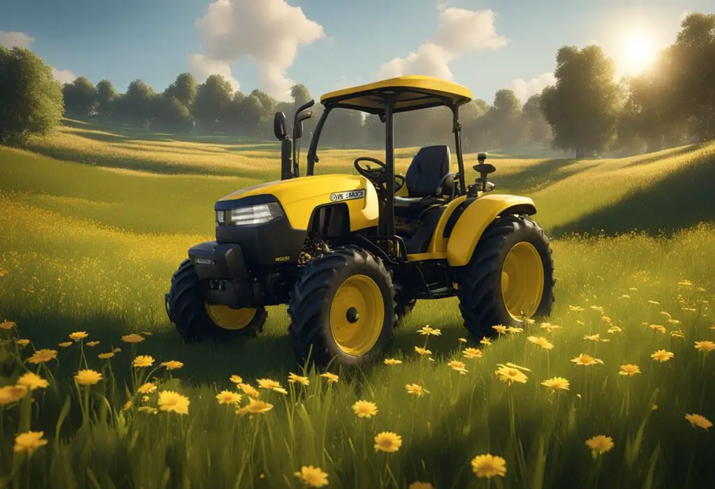 A Cub Cadet and a John Deere sit side by side in a lush green field, surrounded by tall grass and wildflowers. The sun shines down, casting long shadows across the machines