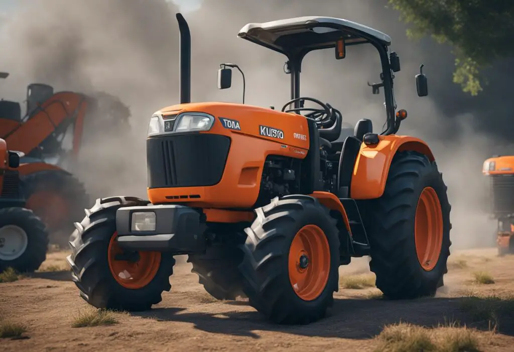 The Kubota tractor sits idle, smoke billowing from its engine as a mechanic examines the troubled machine