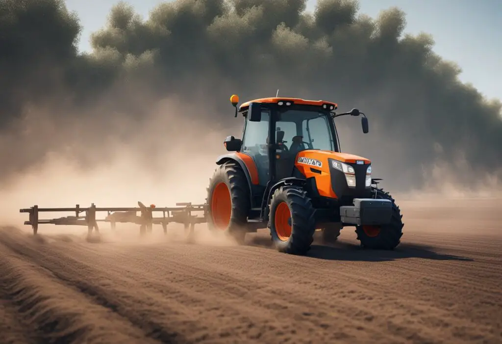 A Kubota tractor struggles with airflow and filter issues, emitting smoke and stalling in a dusty field