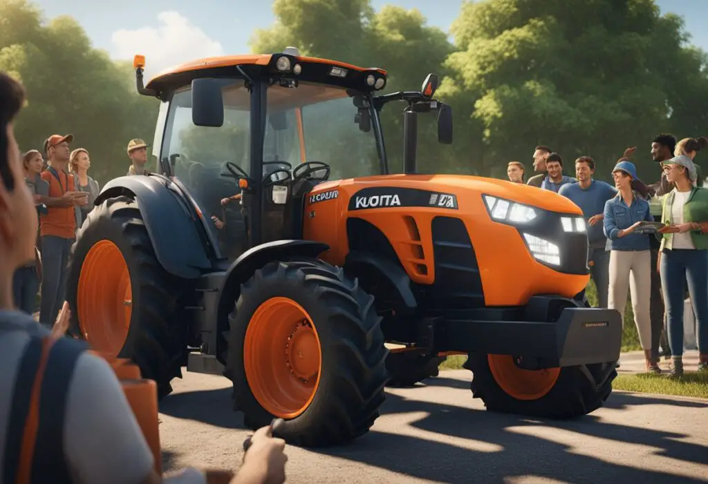 A Kubota tractor surrounded by a group of people, with one person pointing to a list of frequently asked questions about common tractor problems