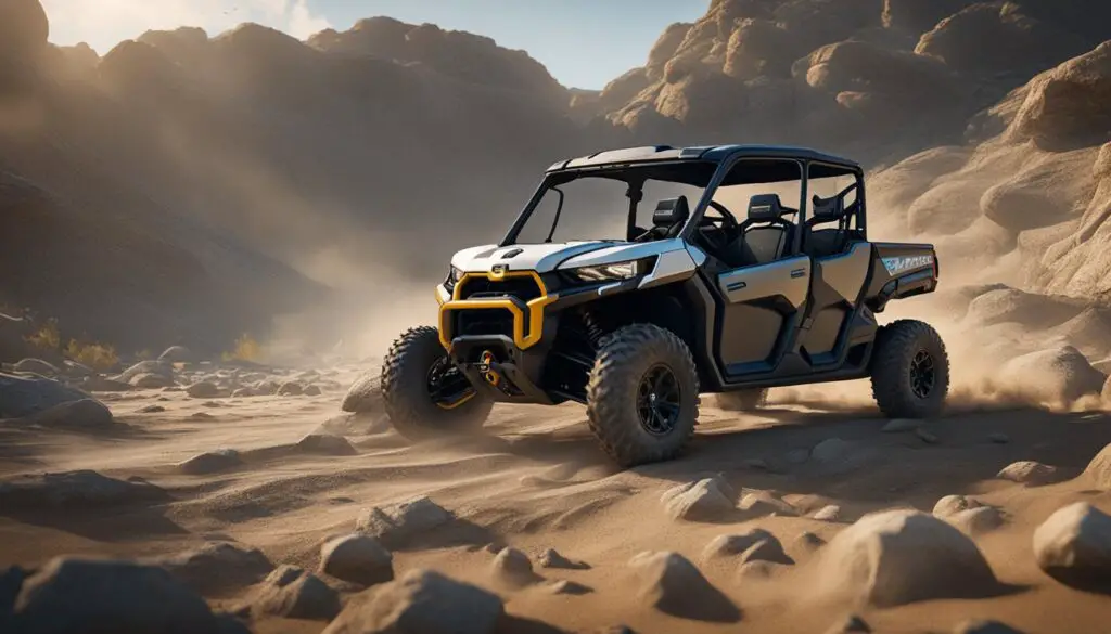 Dusty off-road terrain wears down the belt on a Can-Am Defender, surrounded by heat, moisture, and debris