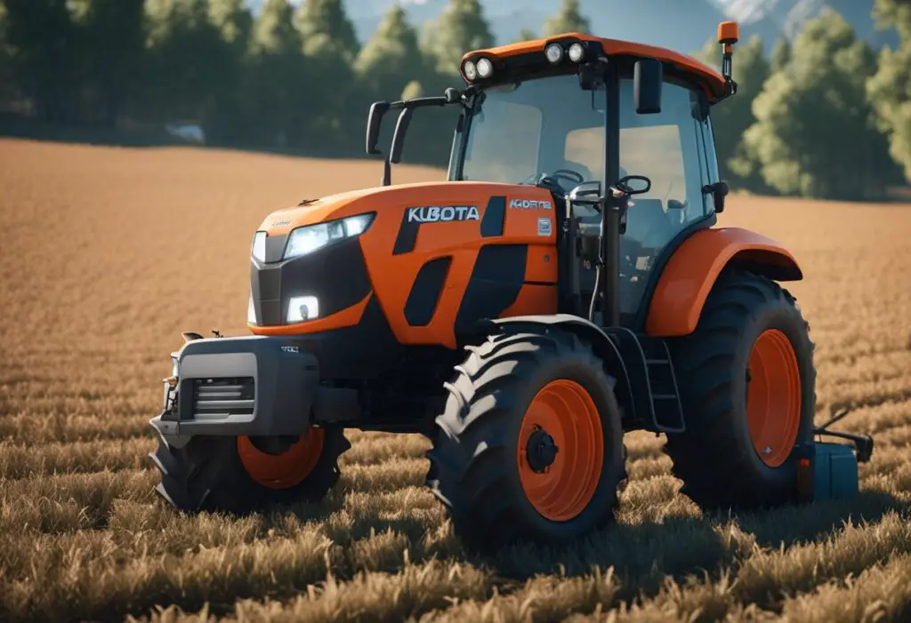 A Kubota tractor sits in a field, with a technician inspecting the transmission system. Tools and diagnostic equipment are scattered around the tractor