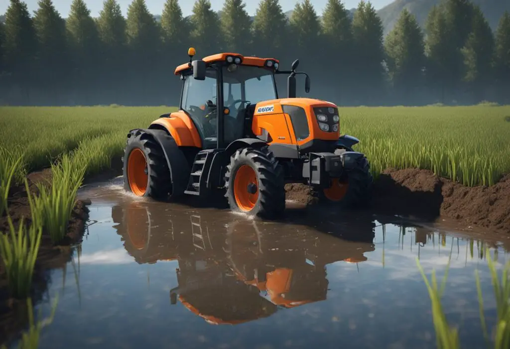 A broken Kubota tractor sits in a field, with a puddle of leaking hydraulic fluid underneath. The driver looks frustrated, unable to fix the hydrostatic transmission problem