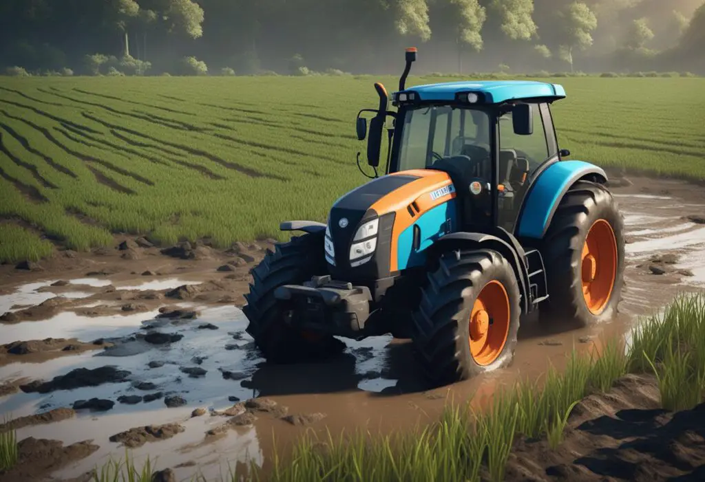 Kubota tractor stuck in a muddy field, wheels spinning but unable to move forward. Frustrated farmer scratching head