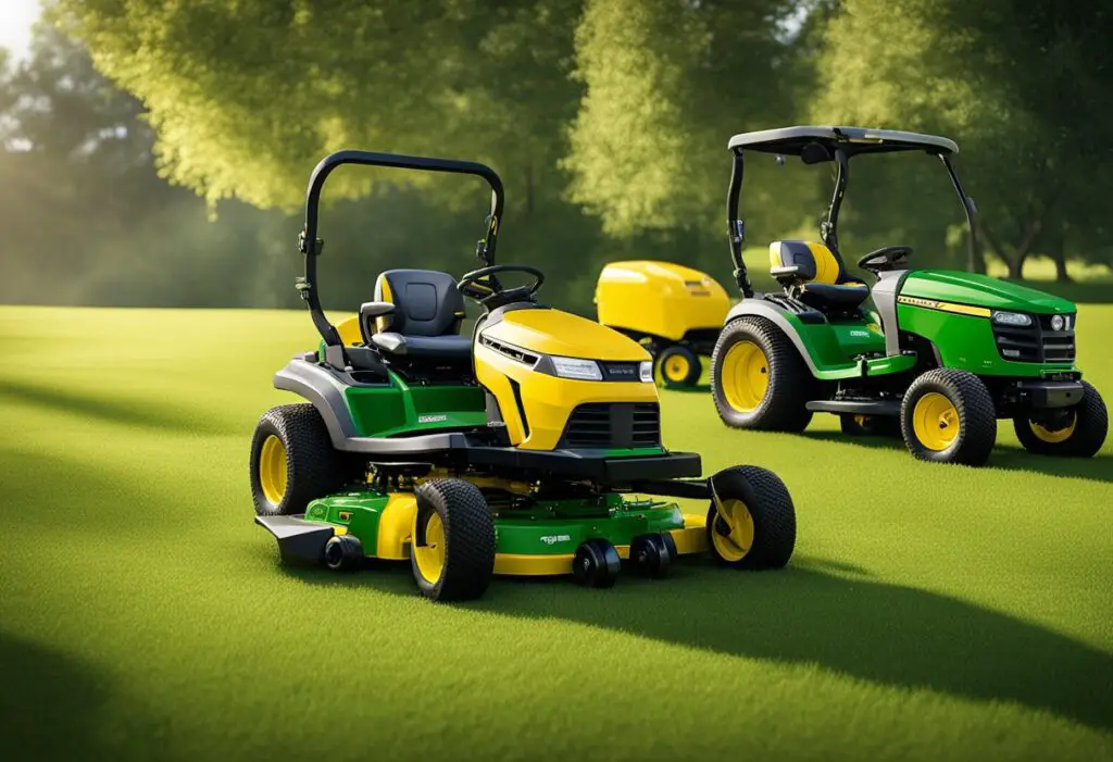 Two zero turn mowers, one Cub Cadet and one John Deere, facing each other on a grassy lawn