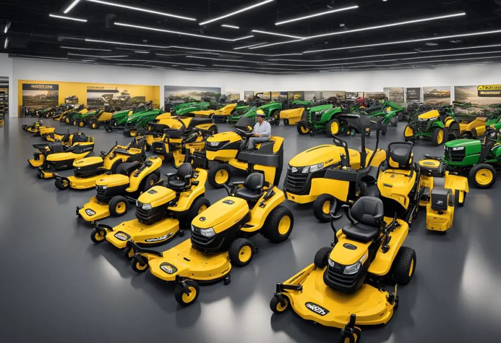 A crowded showroom displays Cub Cadet and John Deere zero turn mowers. Customers inspect the machines, while sales staff discuss the brands' histories and reputations