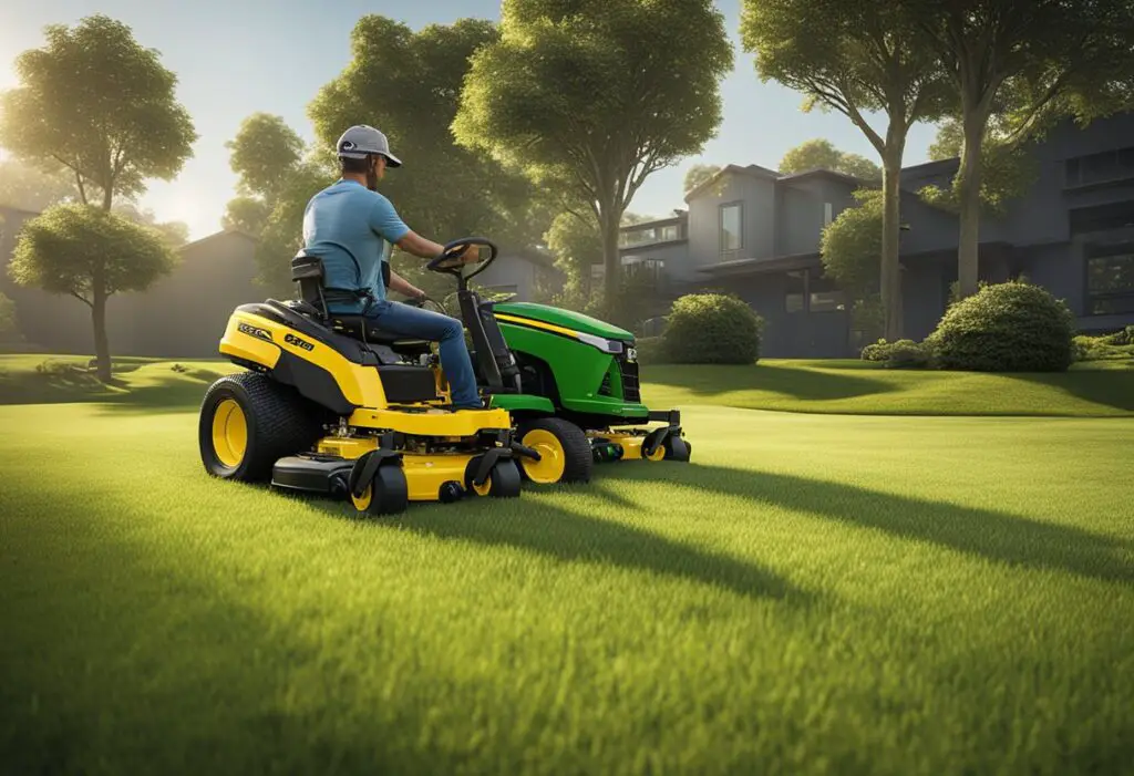 A comparison of two zero turn mowers in action, cutting grass with precision and speed. The Cub Cadet and John Deere machines showcase their efficiency and quality in a side-by-side demonstration