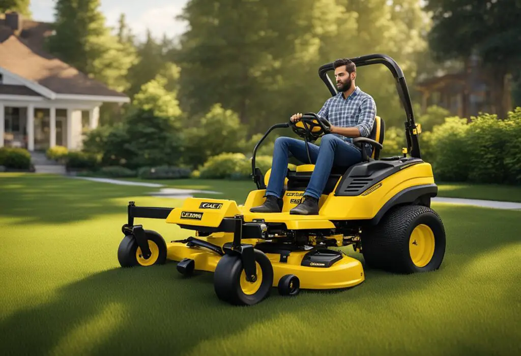 A person comfortably operating a Cub Cadet and a John Deere zero turn mower in a spacious, well-maintained yard